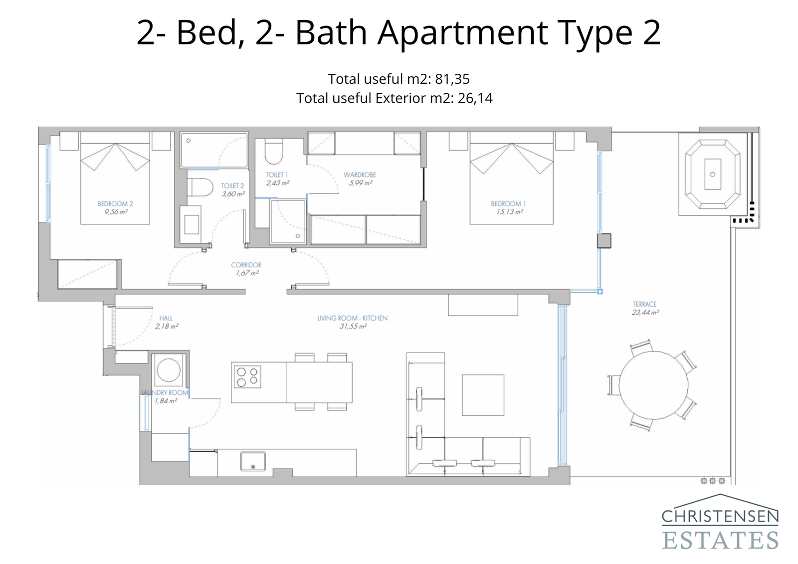 An alternative two-bedroom apartment design, showcasing an efficient use of space and a private terrace for enjoying the views.