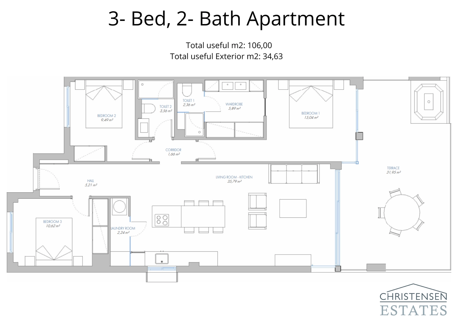 Generous three-bedroom floor plan designed for family living, with seamless flow between the living spaces and outdoor areas.