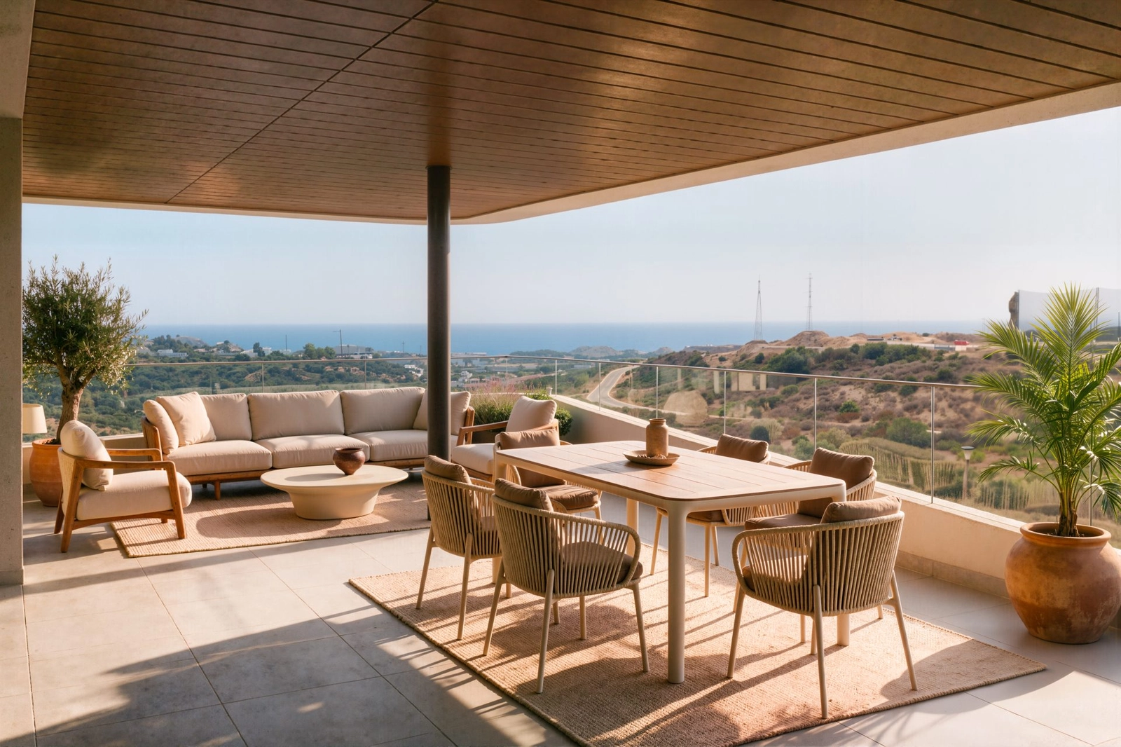 Spacious terraces designed for dining and relaxing with panoramic Mediterranean views.