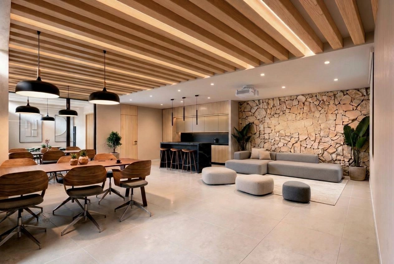 A comfortable and stylish co-working space for residents to work or meet.