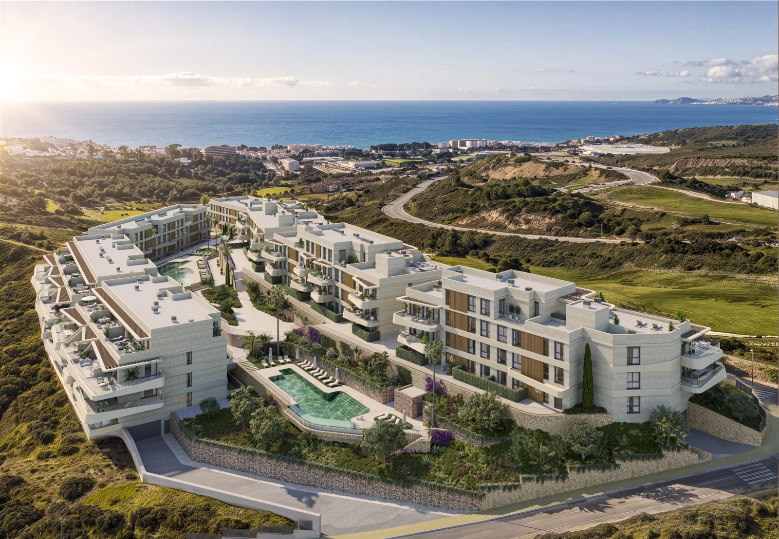 An aerial perspective of the development, nestled in the hills of Estepona with the sea beyond.