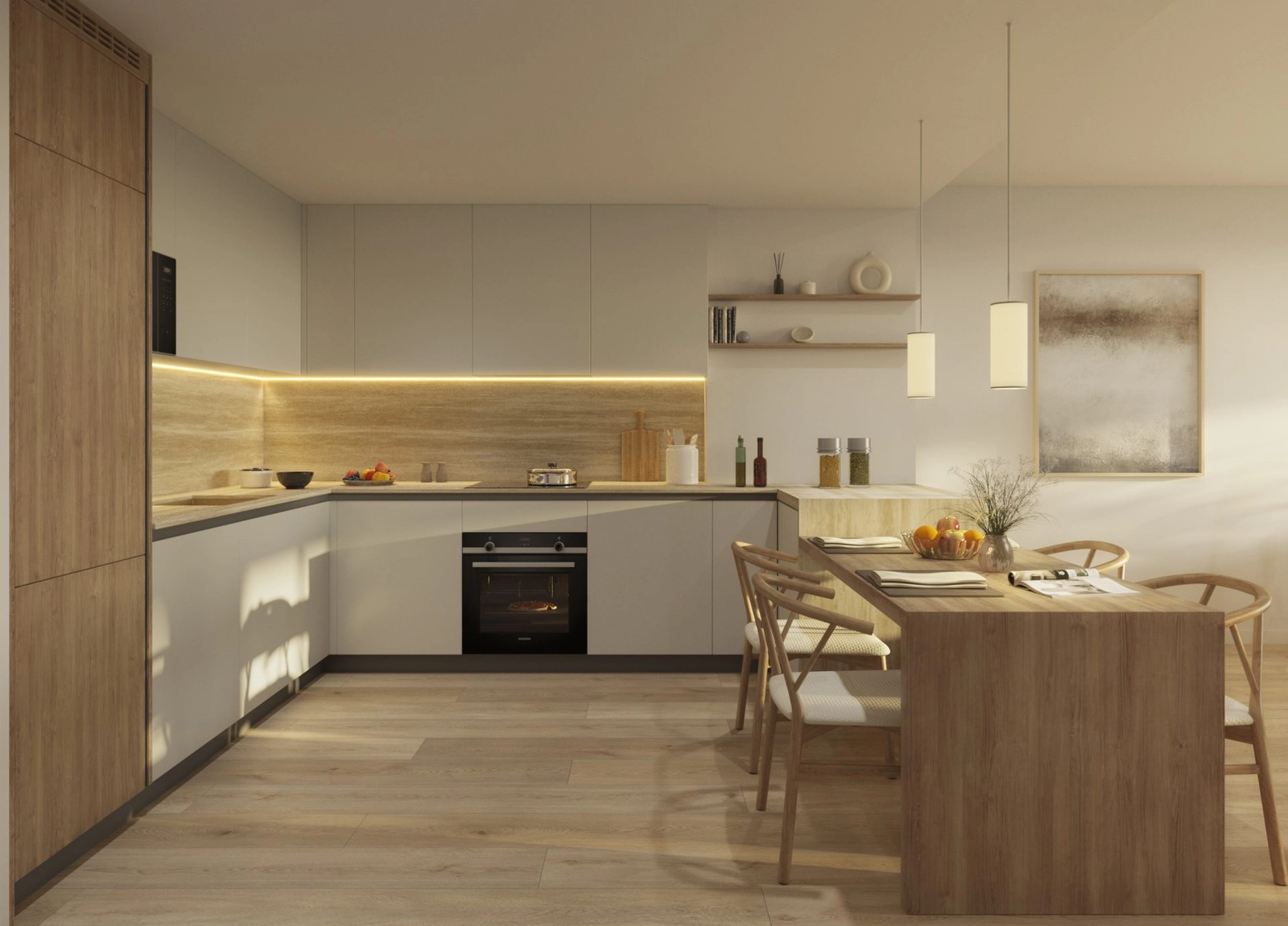 A modern, open-plan kitchen fitted with premium appliances and high-quality finishes.
