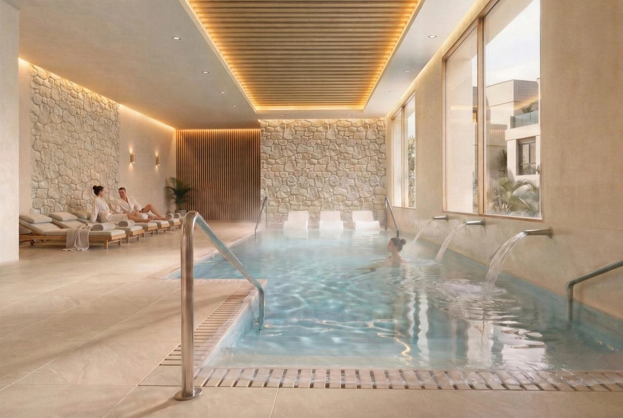 The exclusive indoor spa with a heated pool, offering year-round relaxation.