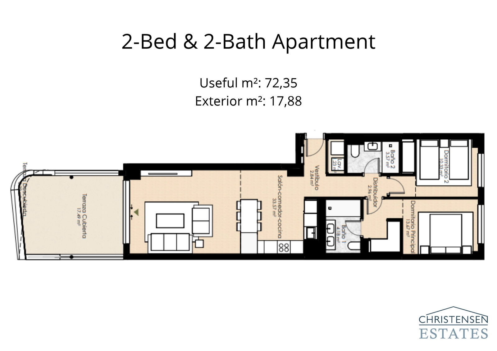 Floor plan for a two-bedroom apartment, showcasing an open-plan living area that extends onto a generous covered terrace.