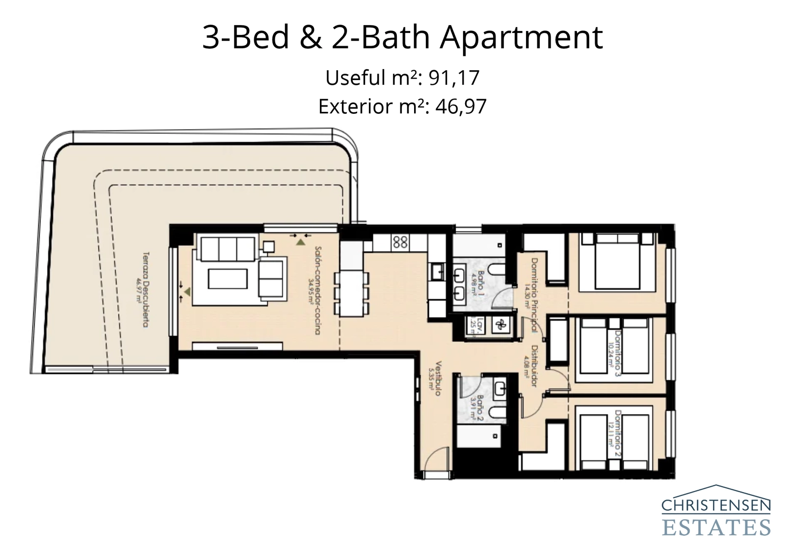 Layout of a three-bedroom corner apartment, designed for optimal space and privacy with an expansive wrap-around terrace.