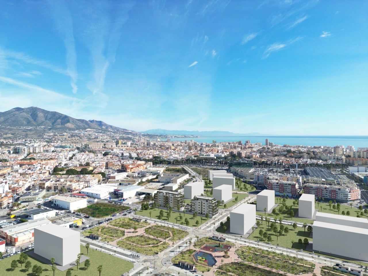 An aerial view of the development, showcasing its prime location near the sea in Fuengirola.