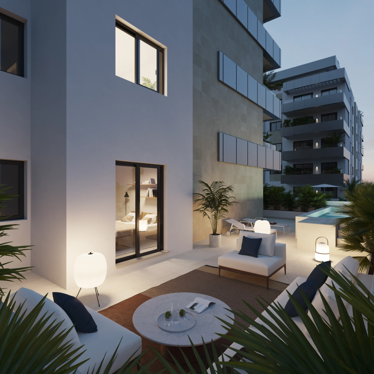 Imagine relaxing evening moments on this spacious ground-floor terrace with its own private pool.