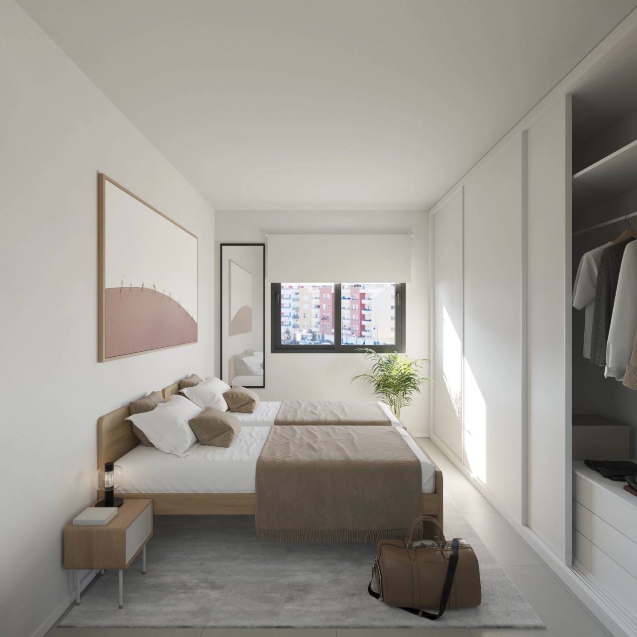A comfortable and bright secondary bedroom with ample storage space.