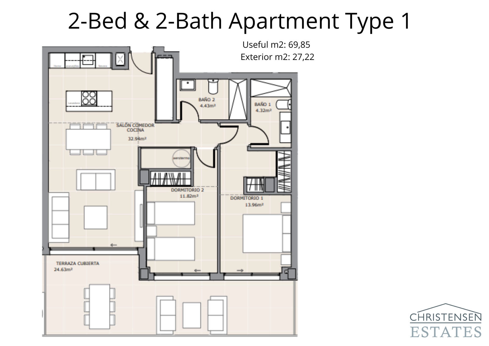 This two-bedroom layout features a generous open-plan living area that extends onto a large terrace, perfect for indoor-outdoor living.