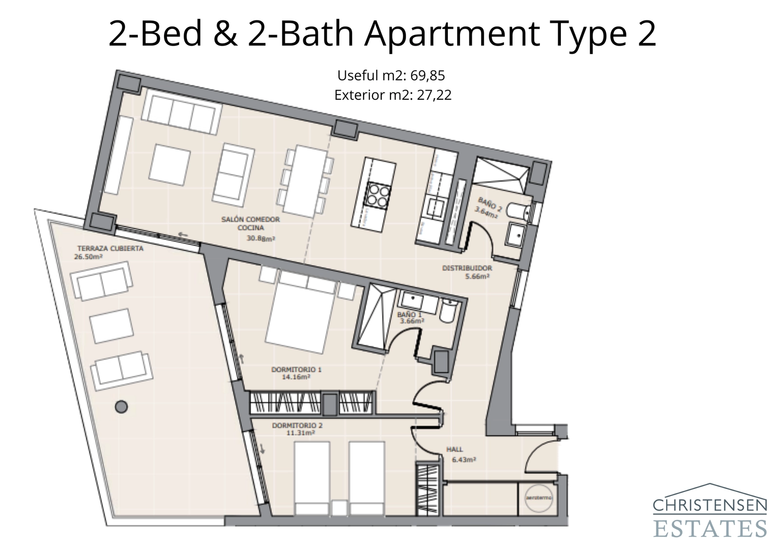 A cleverly designed two-bedroom floor plan that maximizes space and natural light, with a unique terrace shape for added character.