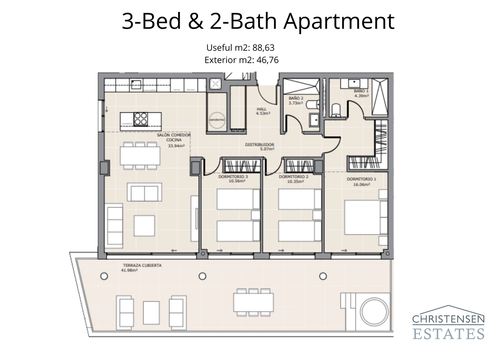 An expansive three-bedroom home with a wide terrace accessible from the main living area, offering ample space for families.