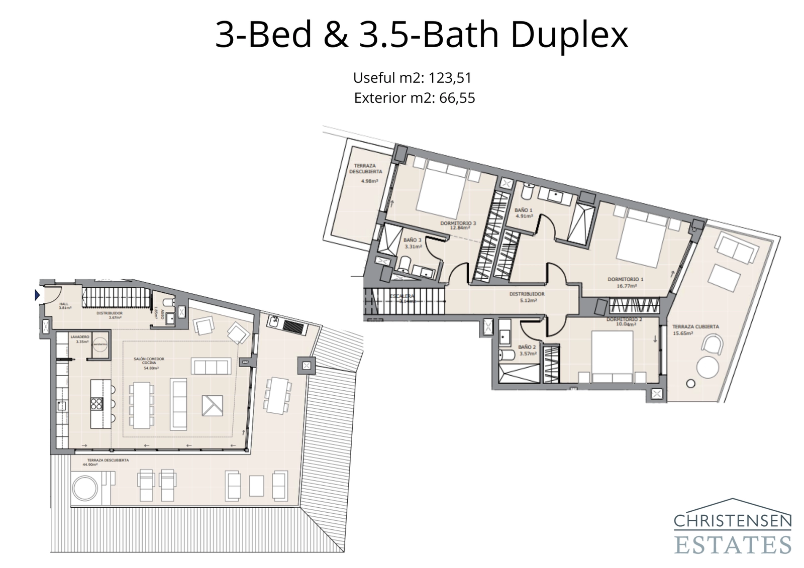 The duplex penthouse plan shows a luxurious two-level living experience, separating common areas from private bedrooms for ultimate comfort.
