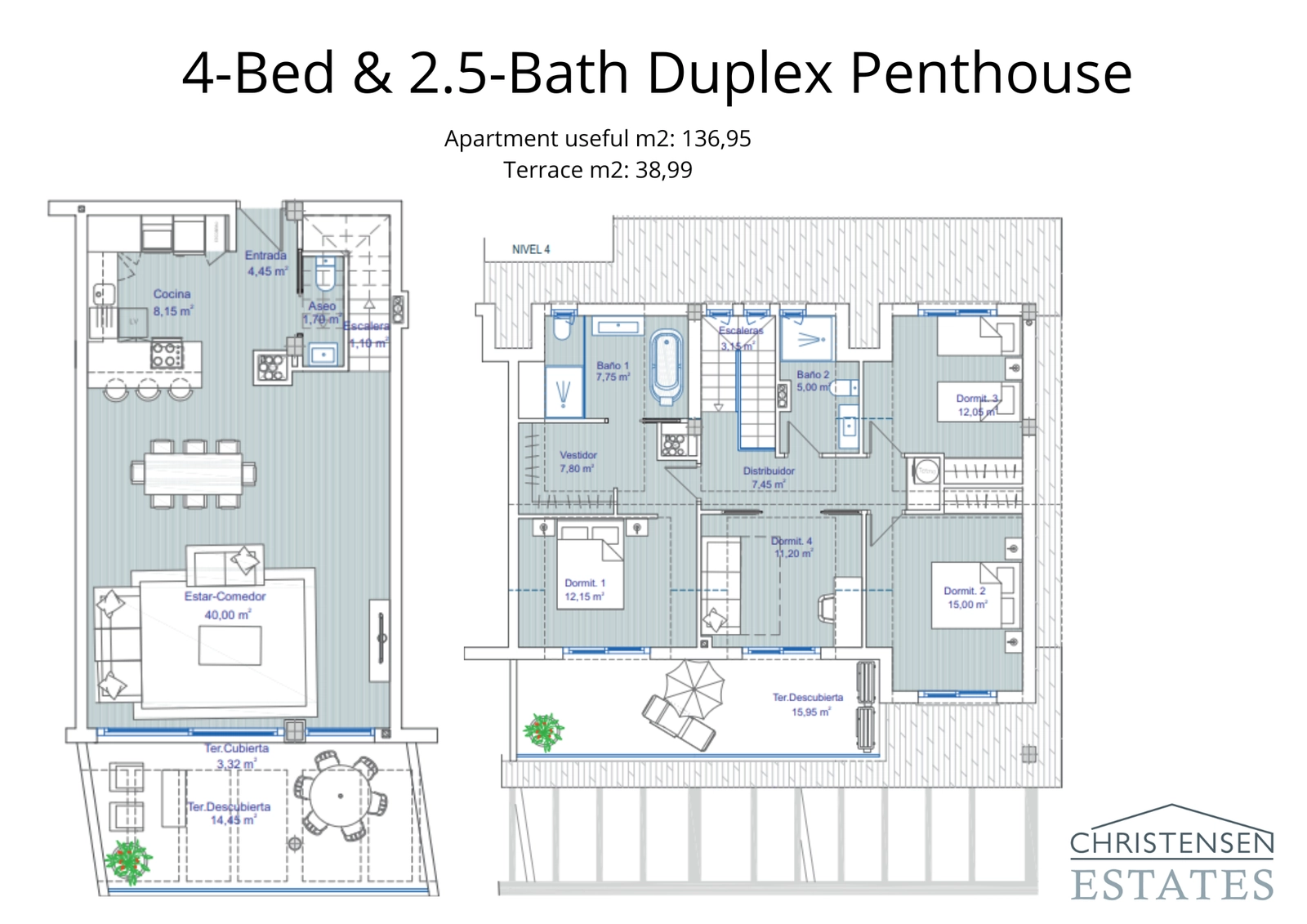 Floor plan of the 4-bedroom duplex penthouse, showcasing a spacious multi-level layout with distinct living and sleeping areas for ultimate comfort and privacy.