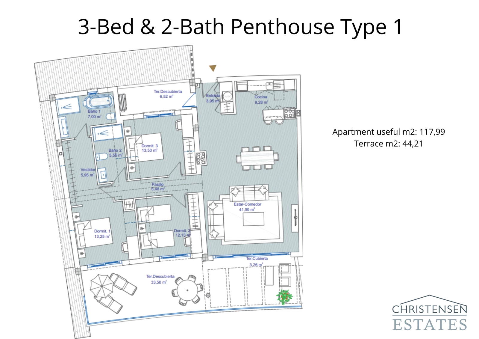 This 3-bedroom penthouse layout offers an intelligent single-level design, with generous living spaces and large terraces to maximize enjoyment of the views.