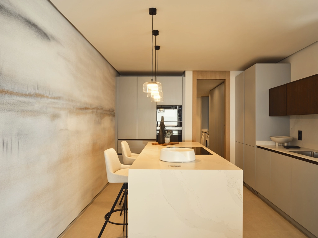 A state-of-the-art kitchen featuring high-end appliances and a minimalist design, perfect for everyday living and entertaining.