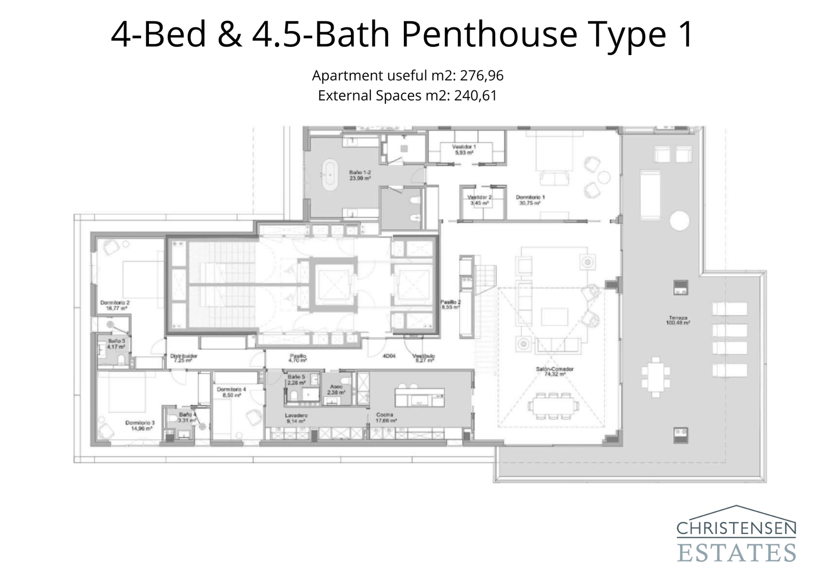 This spacious four-bedroom penthouse layout is designed for luxury living, with an expansive main living area that flows onto a magnificent 153 m² terrace, offering exceptional sea views.