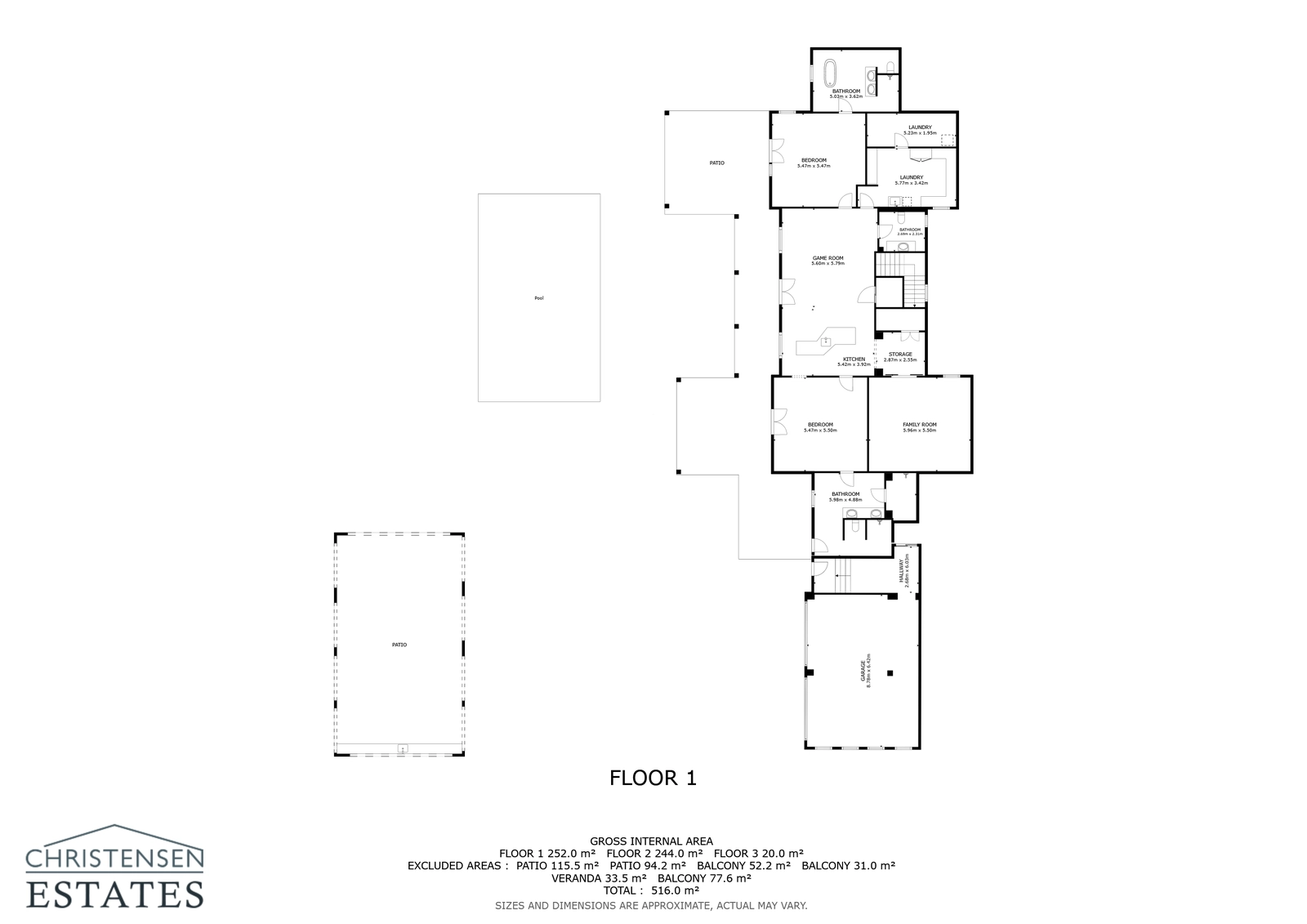This lower-level floor plan shows generous en-suite bedrooms and entertainment areas, all with direct access to the pool and garden.