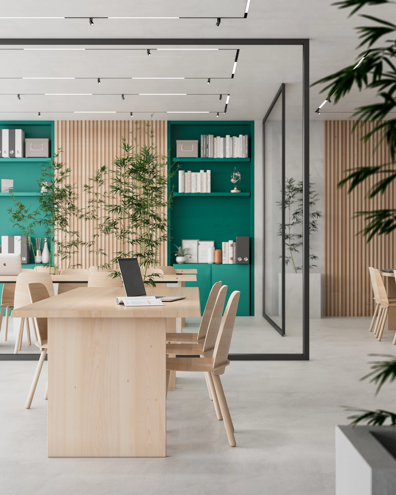 A stylish and quiet co-working space designed for productivity, offering a comfortable environment for residents.