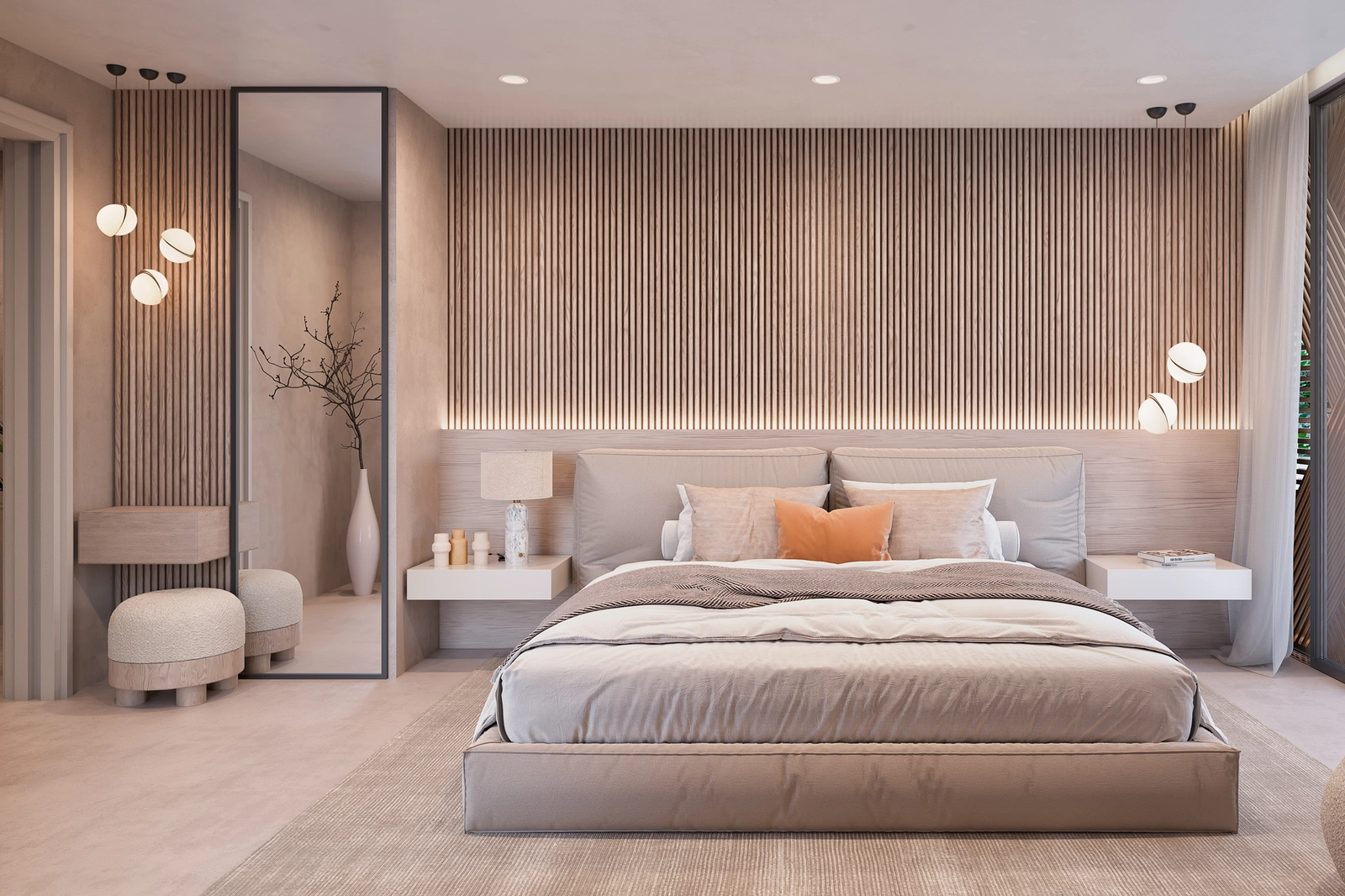 A tranquil master bedroom designed with natural materials and soft lighting to create a peaceful personal retreat.