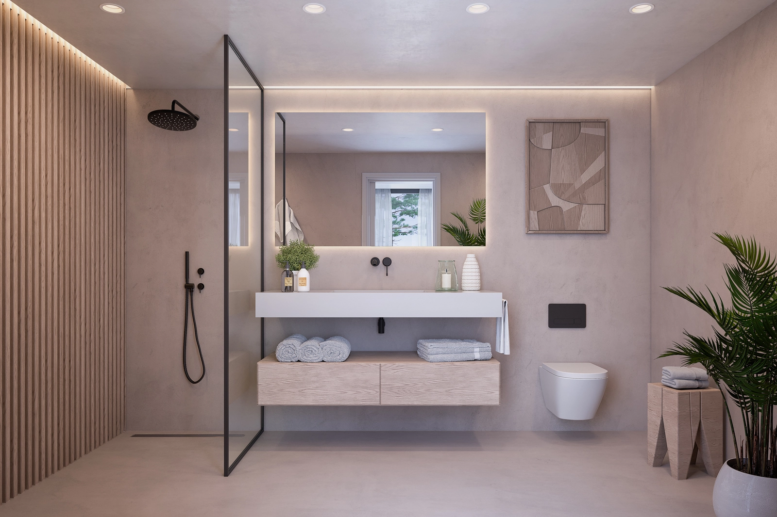 A sophisticated bathroom featuring modern fixtures, a spacious walk-in shower, and elegant design details.