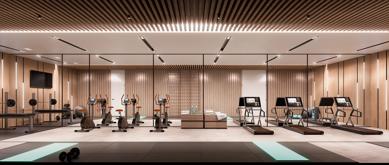 A state-of-the-art fitness center equipped with a full range of modern exercise machines for a complete workout.