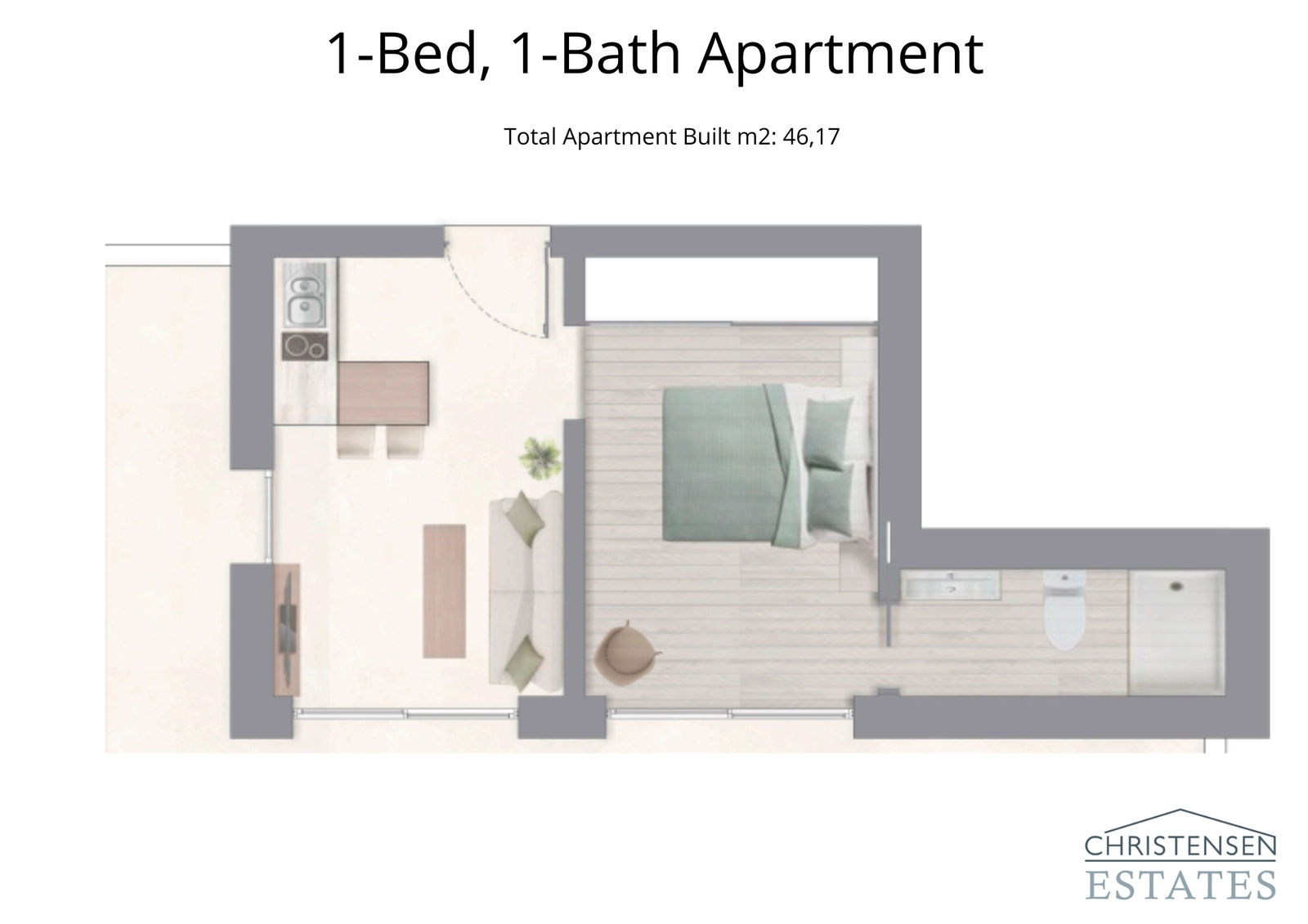 This one-bedroom apartment layout is designed for modern comfort and efficiency, perfect for individuals or couples.