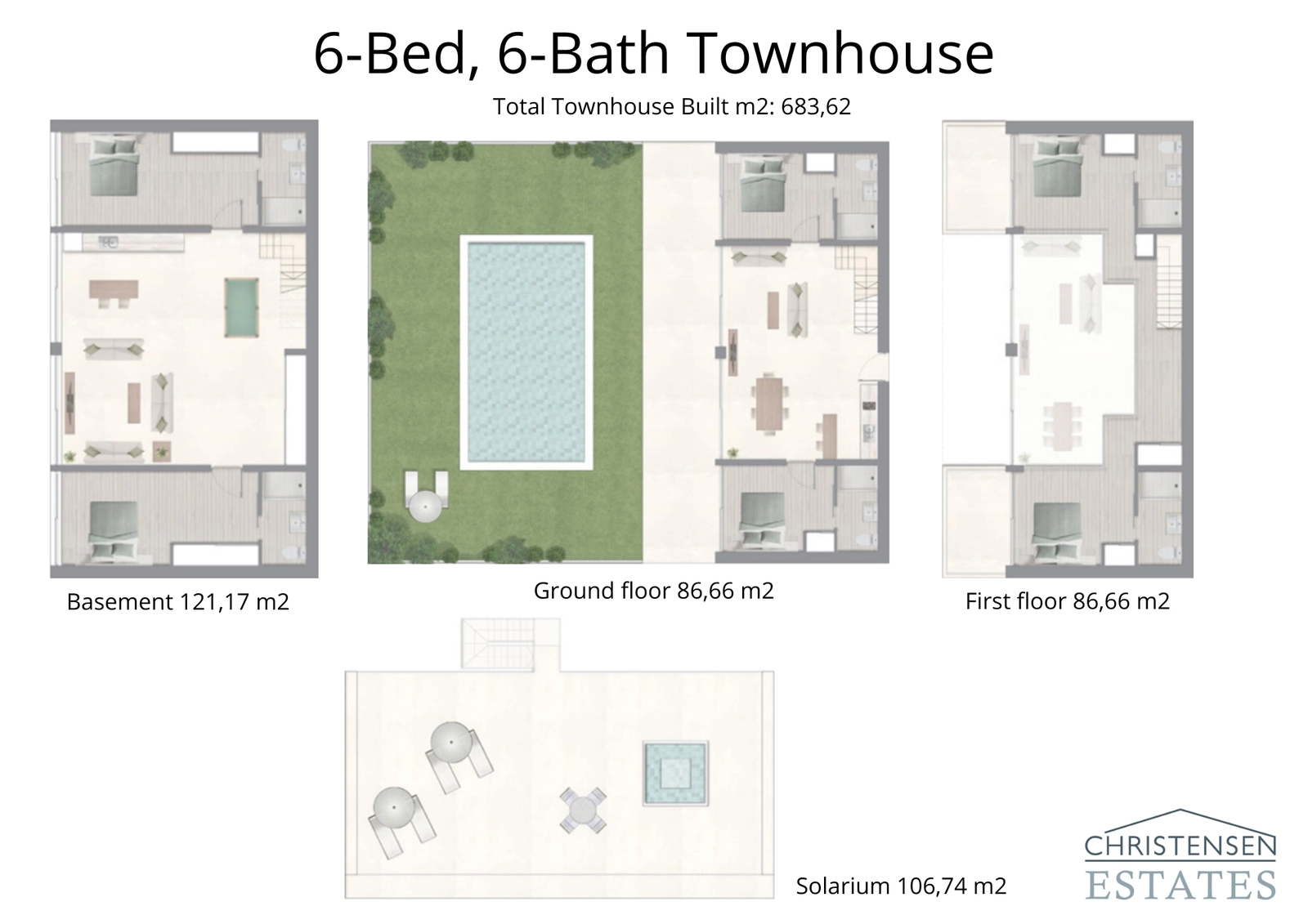 An expansive six-bedroom townhouse floor plan with en-suite bathrooms for each bedroom, offering exceptional space and luxury.
