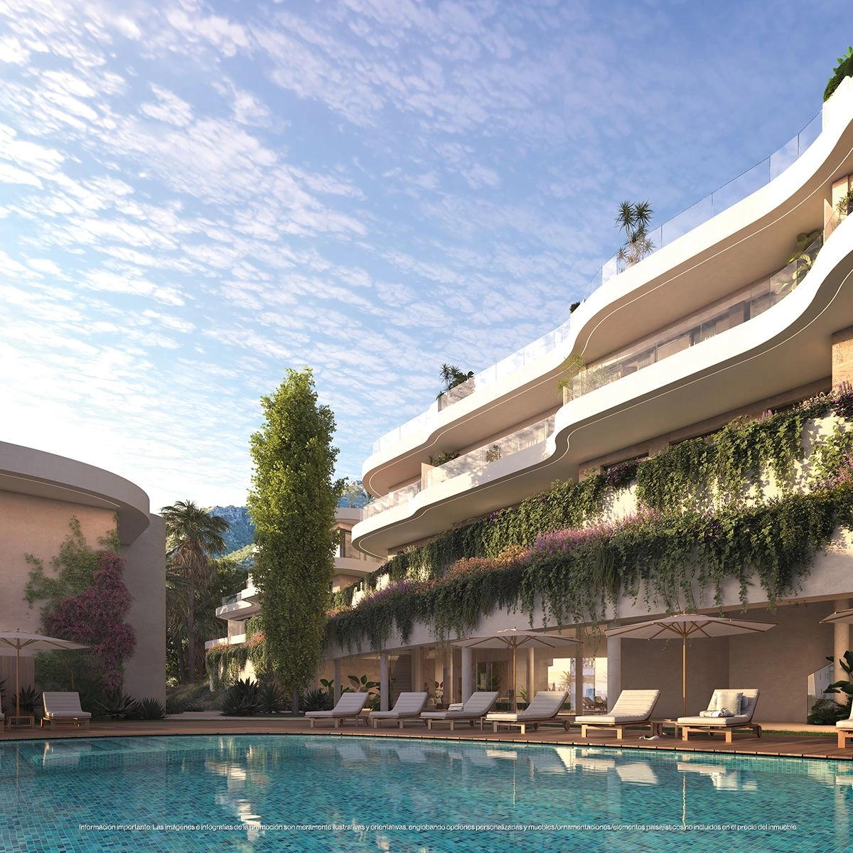 The inviting communal pool and sundeck, surrounded by lush greenery, offer a perfect place to unwind.
