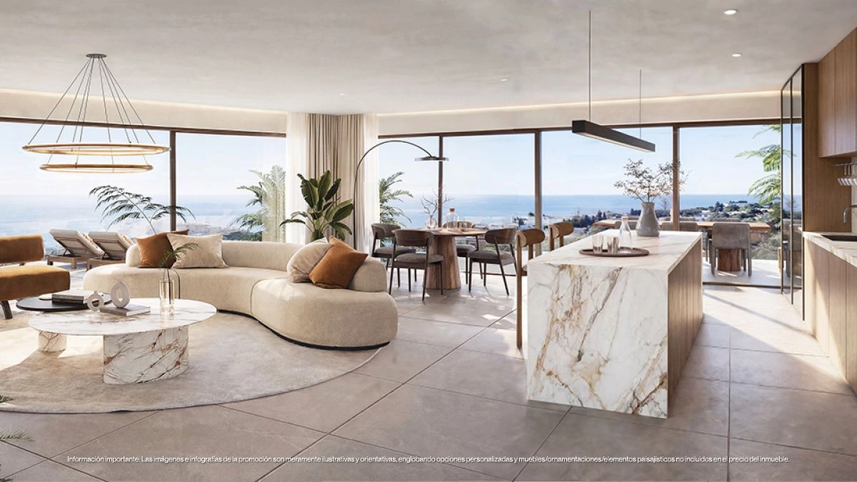 An expansive living area seamlessly connects to the outdoors, filled with natural light and offering incredible sea views.