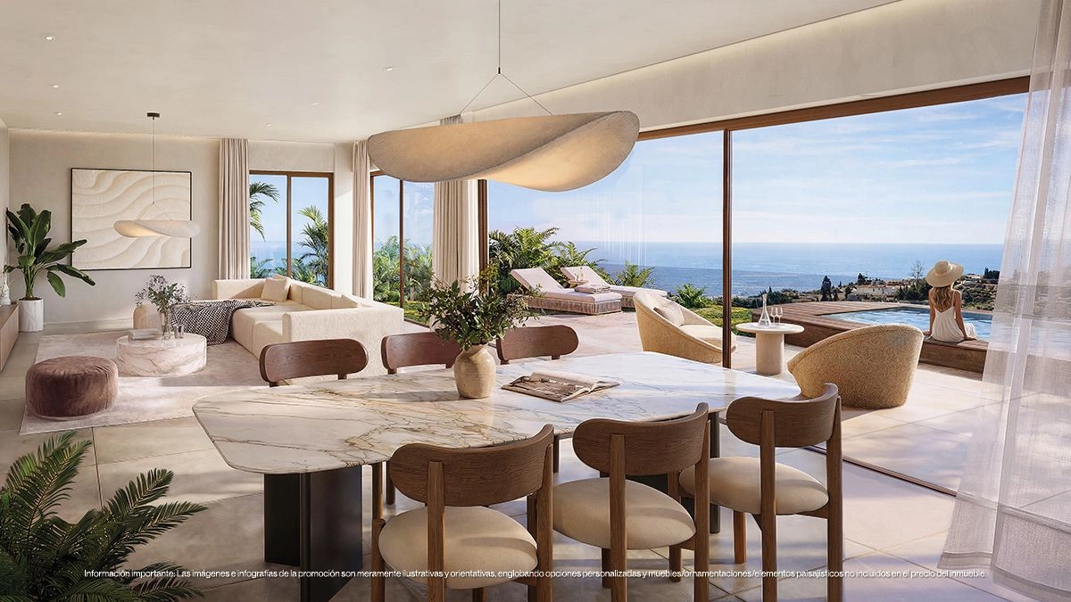 The open-plan dining space is designed for entertaining, blending elegant design with breathtaking views of the sea.