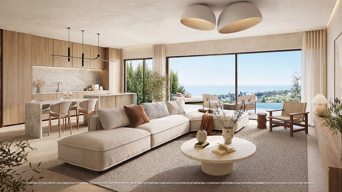 The kitchen and living room open directly onto the terrace, creating a perfect environment for indoor-outdoor living.