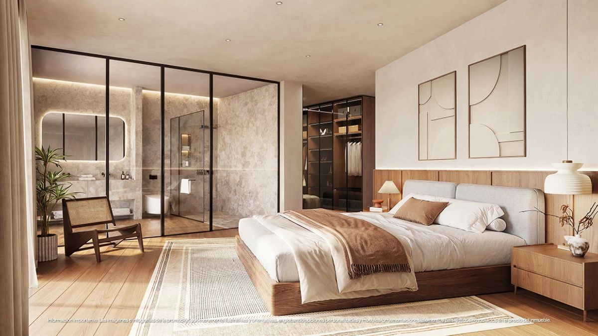The serene master bedroom offers a peaceful retreat, featuring calm, neutral tones and a spacious, modern design.