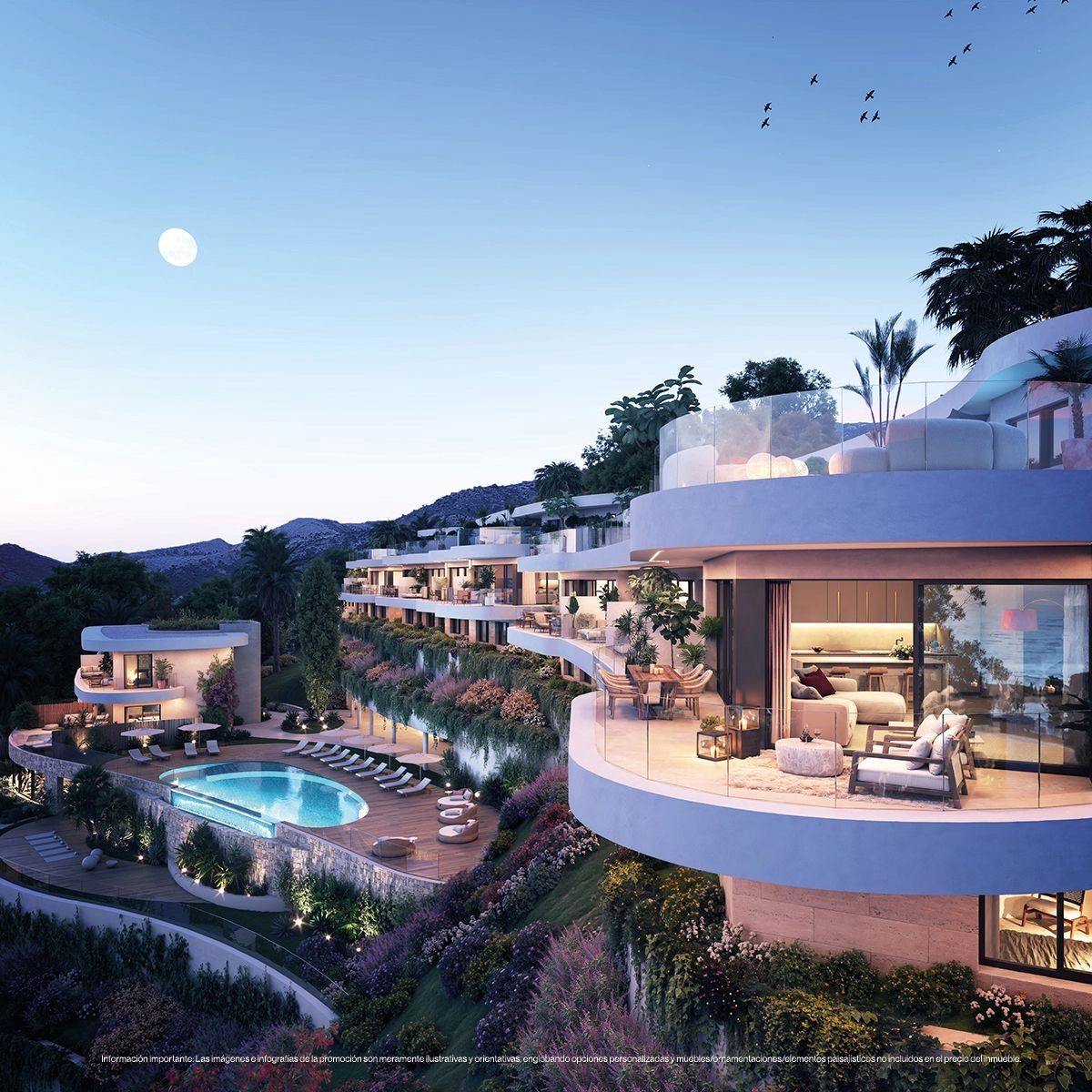As evening arrives, the development's architecture is beautifully illuminated, creating an exclusive and tranquil ambiance.