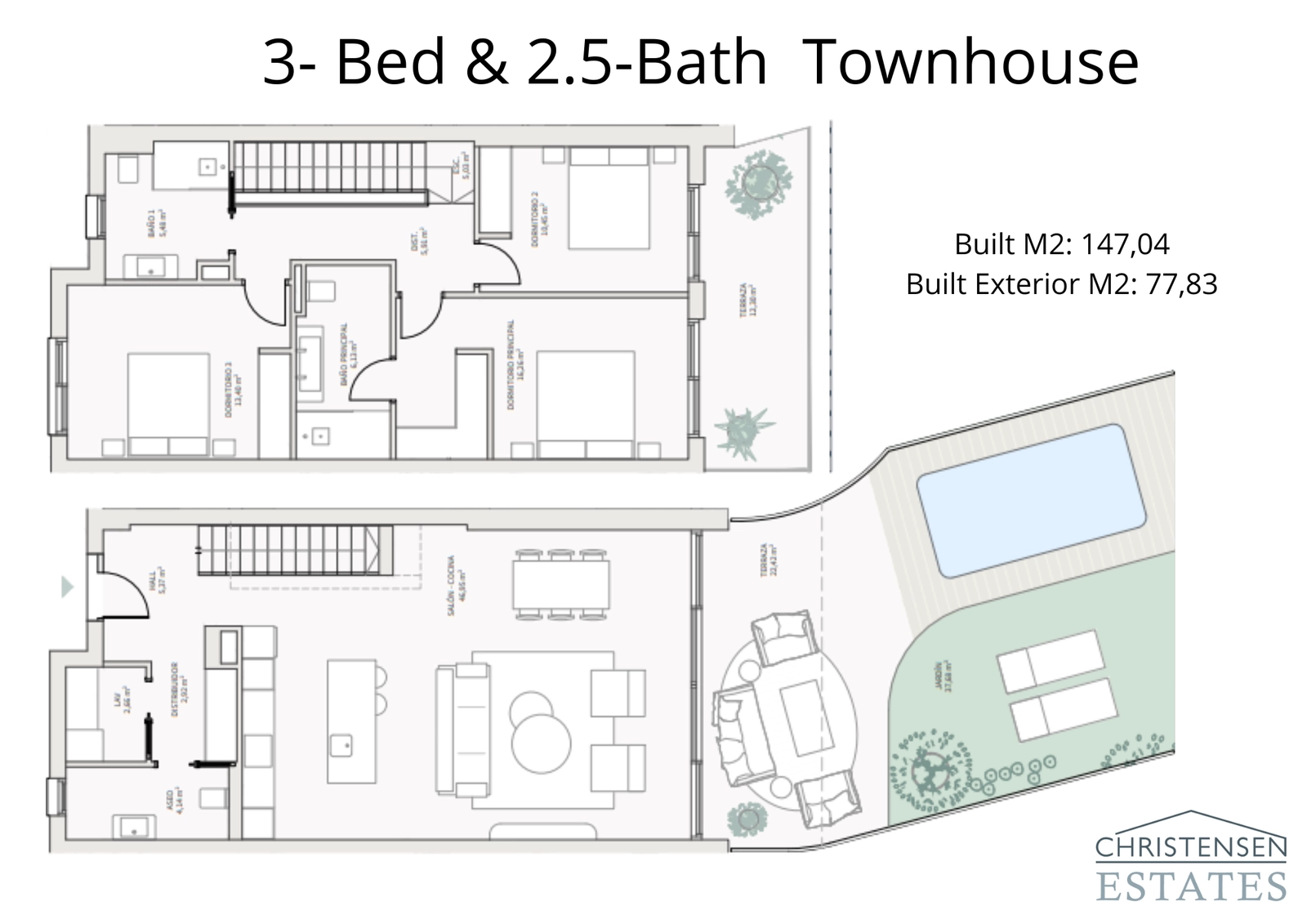This spacious three-bedroom townhouse layout separates living and sleeping areas across two floors, with a generous terrace and private pool.