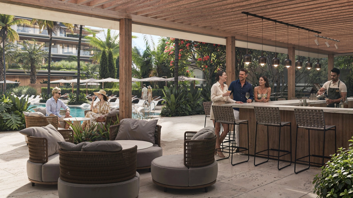 Enjoy a refreshing drink with friends and neighbors at the chic poolside bar.