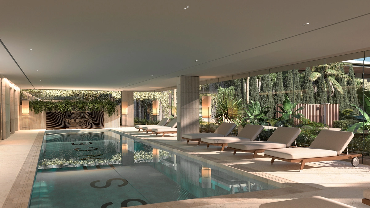 The luxurious spa includes a heated indoor pool with panoramic garden views.