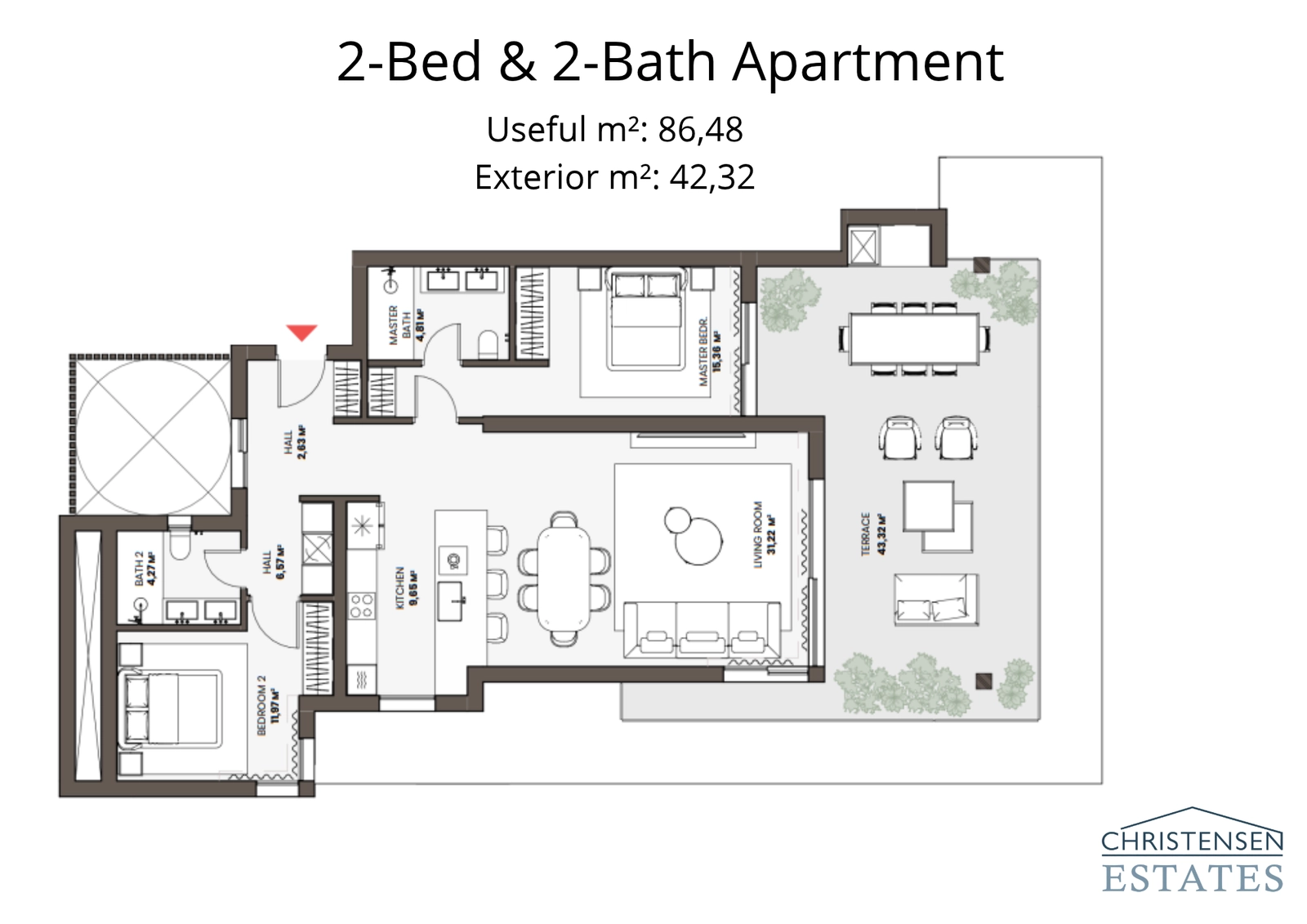 This two-bedroom apartment layout offers a functional design with an open-plan living area that flows effortlessly onto a spacious terrace.