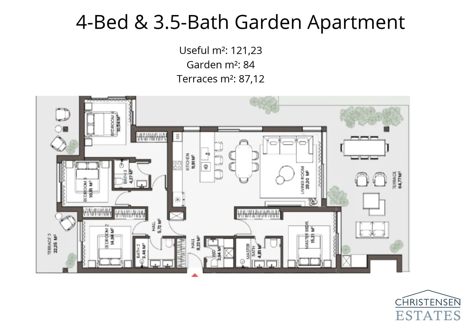A four-bedroom garden apartment featuring generous terraces and a private garden, creating a perfect environment for indoor-outdoor living.