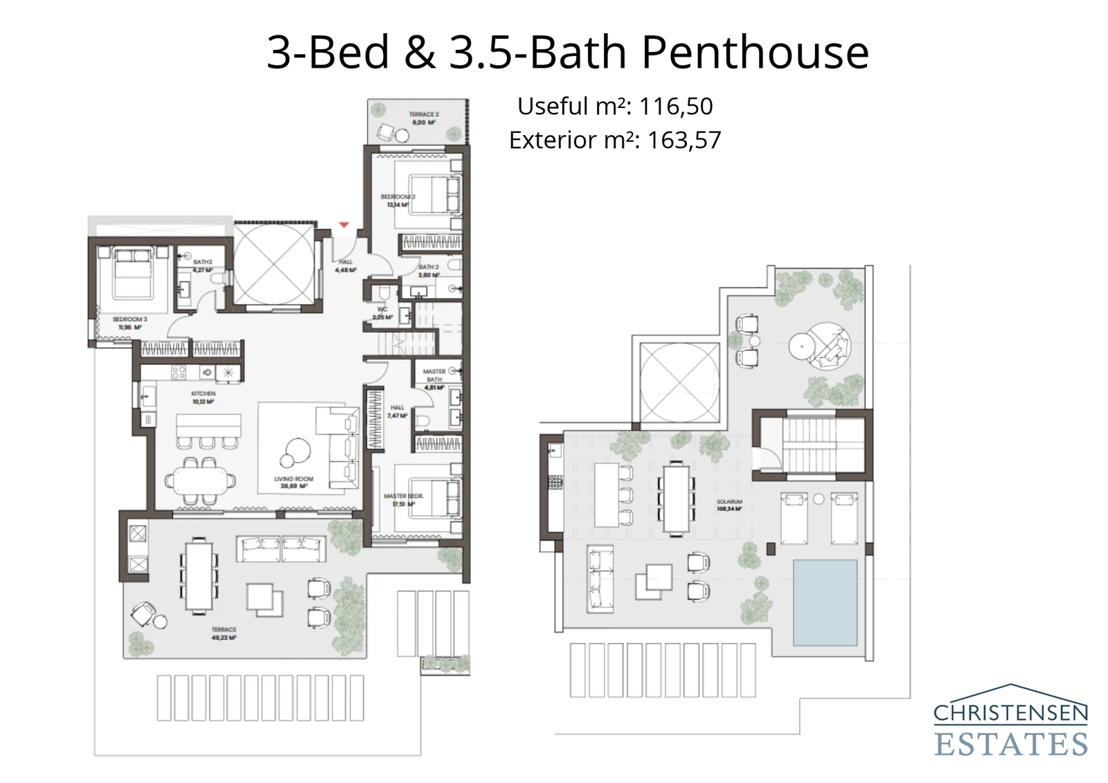 The three-bedroom penthouse layout showcases expansive living spaces and multiple terraces, including a spectacular solarium for the ultimate luxury lifestyle.