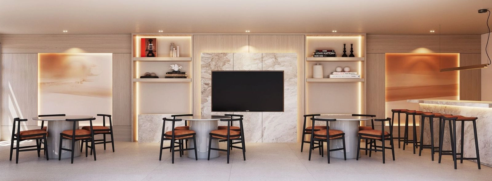 The stylish gourmet club provides a sophisticated social hub for residents and their guests to gather and relax.