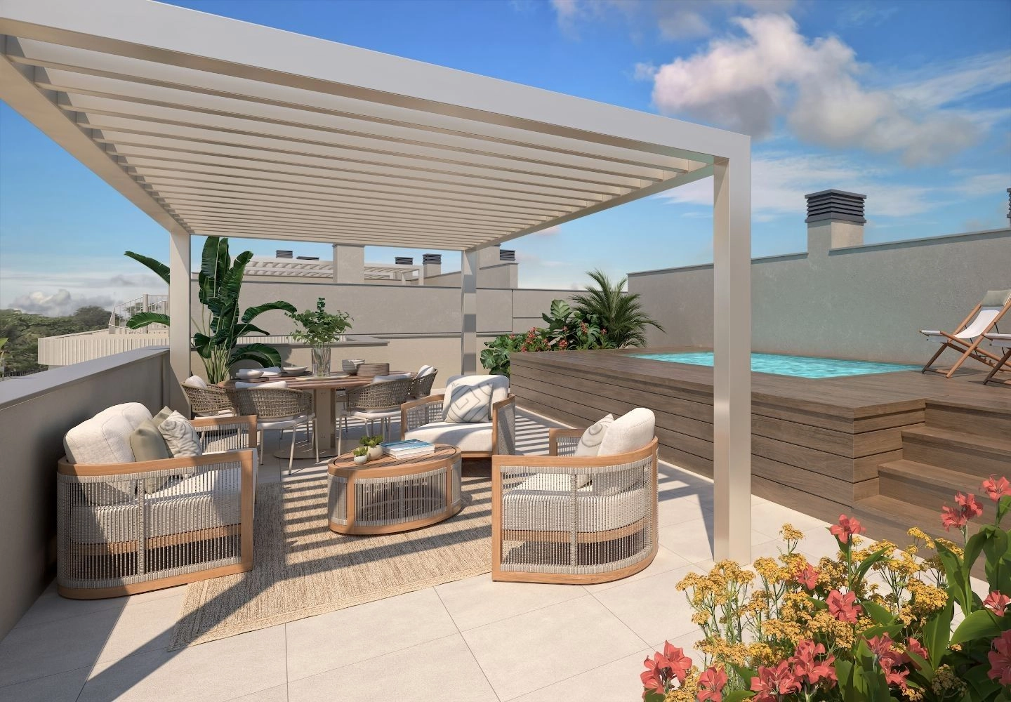 An exquisite penthouse rooftop terrace featuring a private pool, designed for the ultimate in luxury and relaxation.