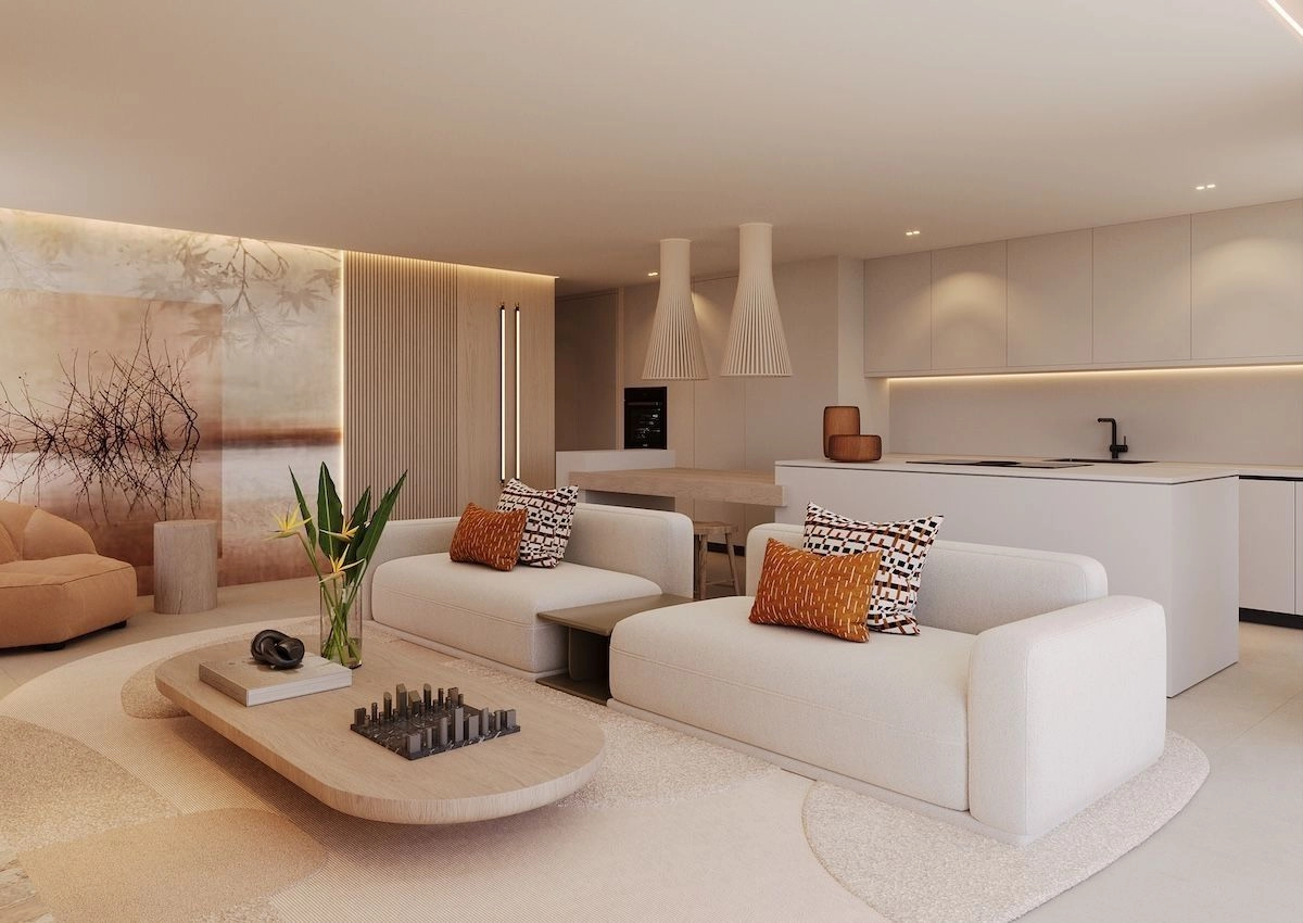 A sleek, modern kitchen equipped with high-end appliances, seamlessly integrated into the living and dining areas.