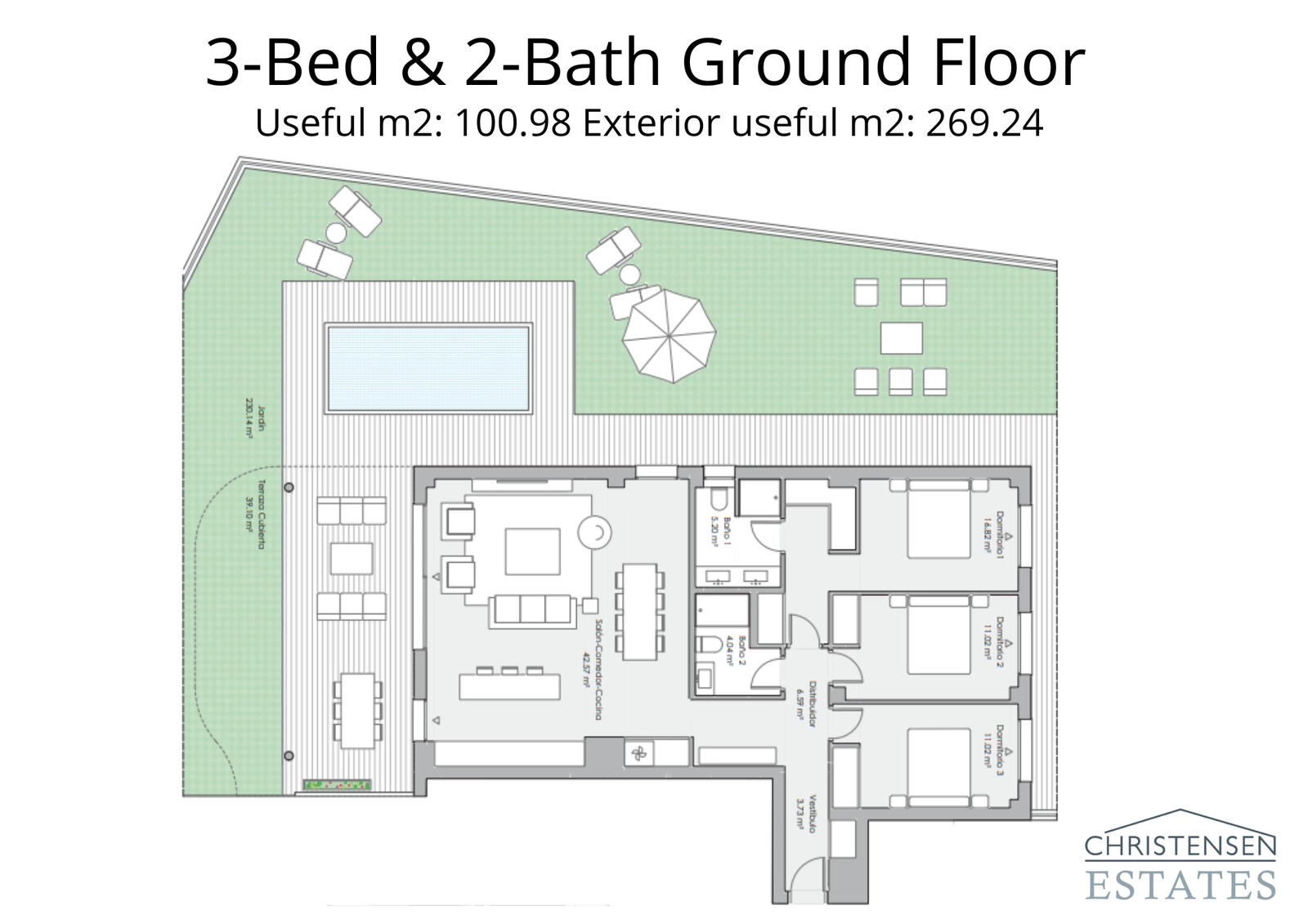 Floor plan for a three-bedroom ground-floor home, showcasing the spacious interior connected to an expansive private garden and pool.