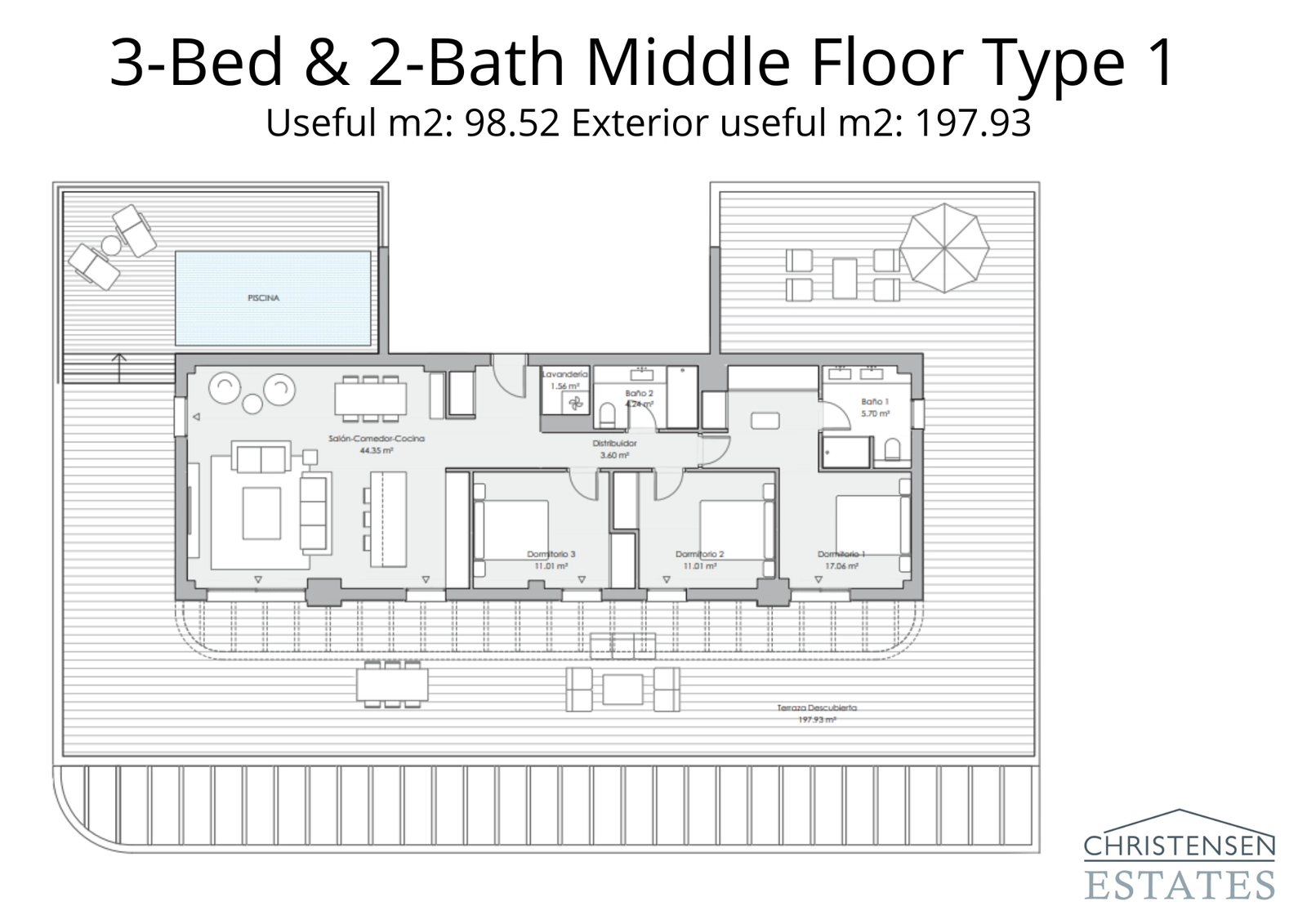 This three-bedroom middle-floor layout includes an impressive terrace with a private pool, blending apartment living with villa-style luxury.