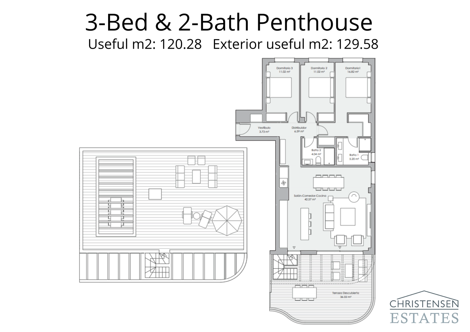 Floor plan for a three-bedroom penthouse, highlighting the living spaces and the connection to the upper-level roof terrace.