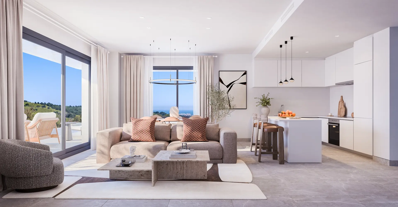 The bright and spacious open-plan living area connects seamlessly with the kitchen, creating a perfect space for modern living.