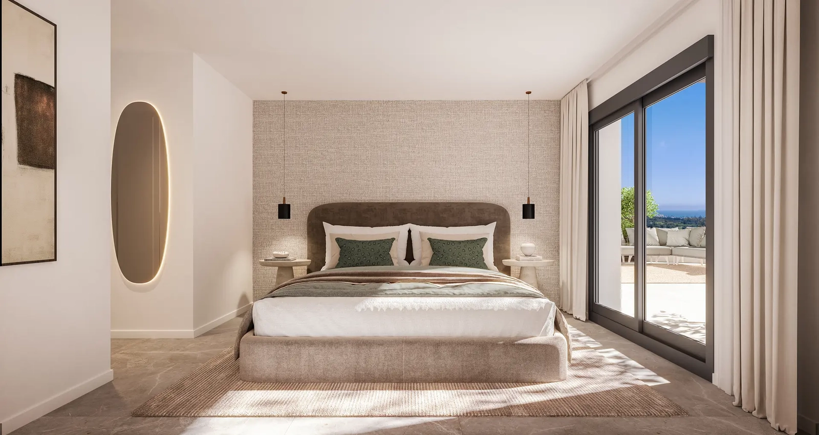 The master bedroom is a peaceful retreat, featuring direct access to the terrace and beautiful natural light.