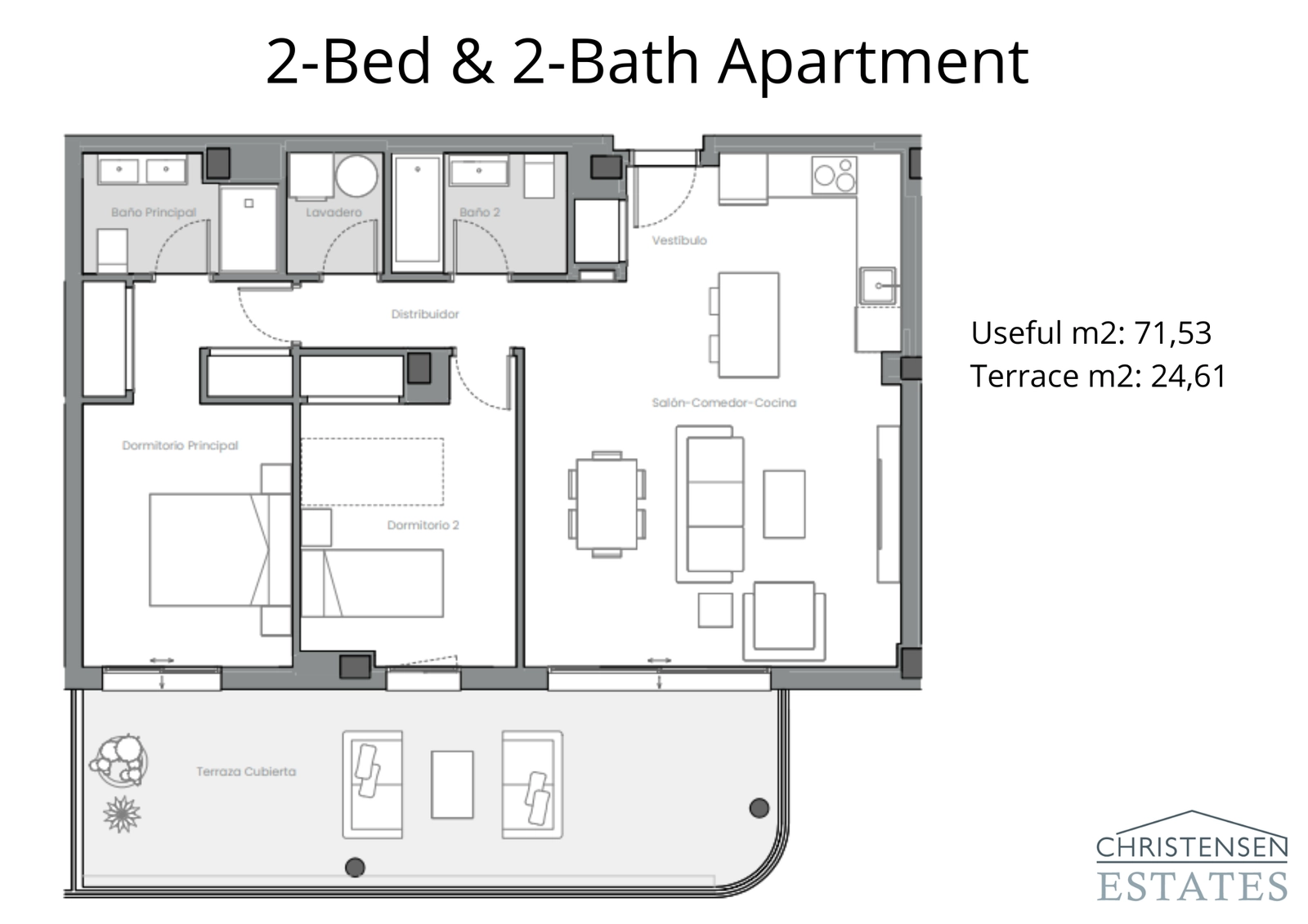 This two-bedroom layout is designed for comfort and flow, featuring an open living area that extends onto a generous terrace.