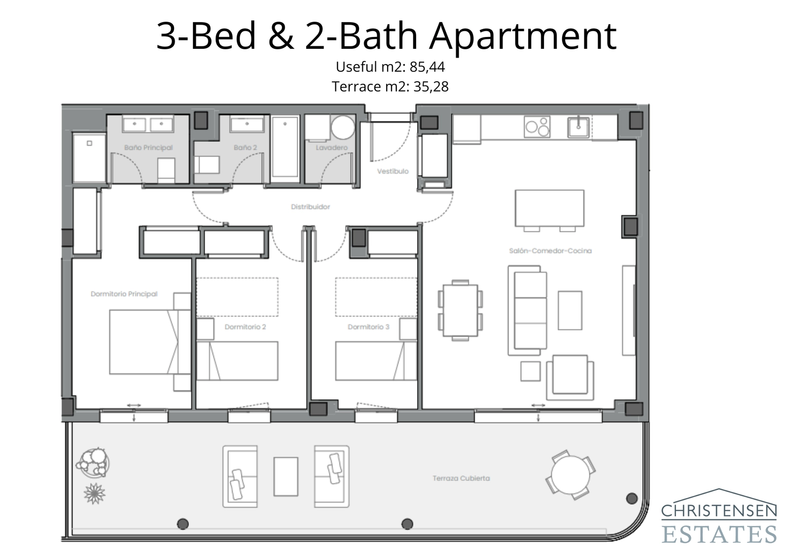 The spacious three-bedroom floor plan offers flexible living, with ample room for family and guests and a large terrace for enjoying the outdoors.