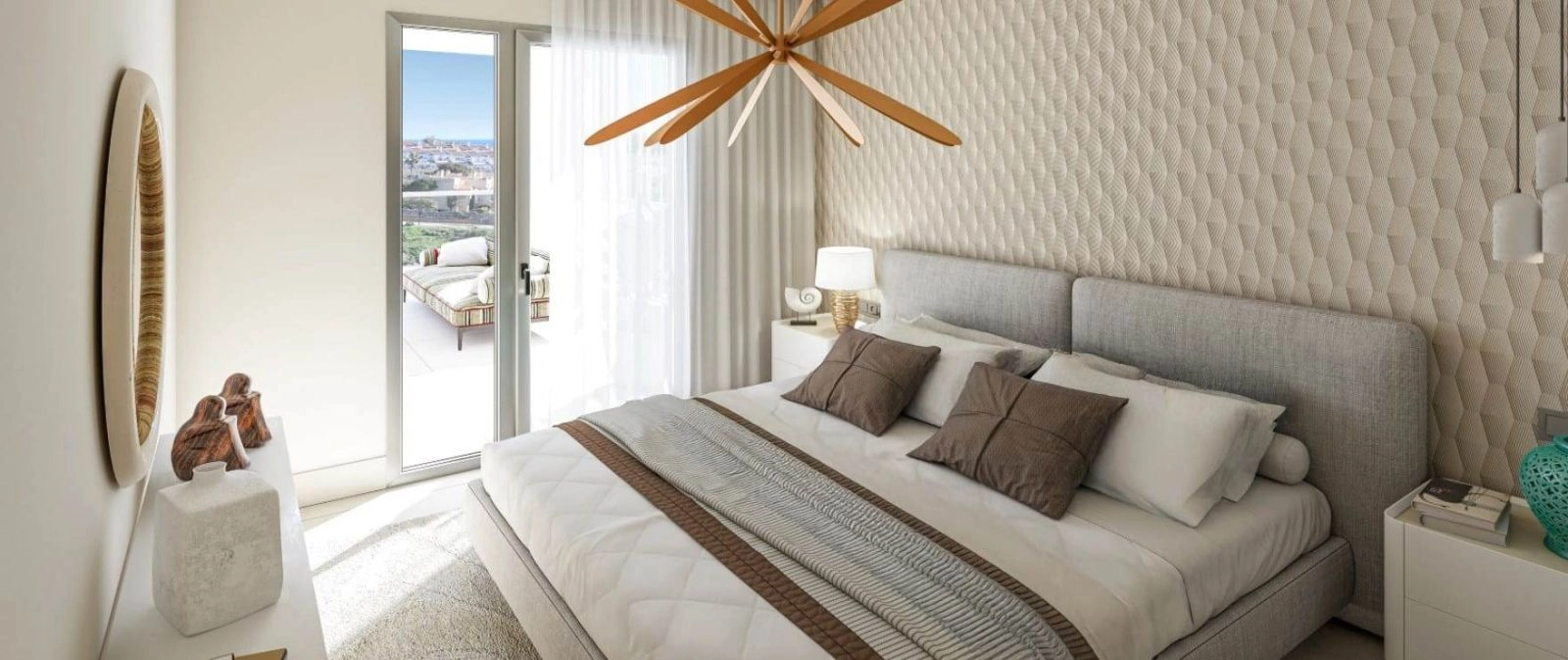 The master bedroom is a peaceful sanctuary, offering direct access to the terrace and abundant natural light.